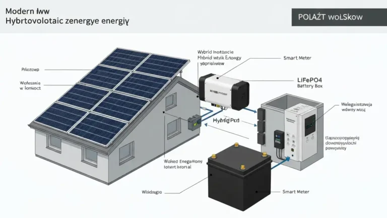 Schemat systemu fotowoltaiki hybrydowej z magazynem energii: panele słoneczne, inwerter, bateria, licznik, dom