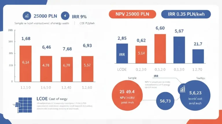 Diagram porównawczy wskaźników finansowych NPV, IRR i LCOE dla instalacji fotowoltaiki