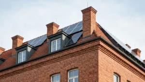Panele fotowoltaiczne zainstalowane na dachu zabytkowego budynku z czerwoną cegłą i zachowaną architekturą