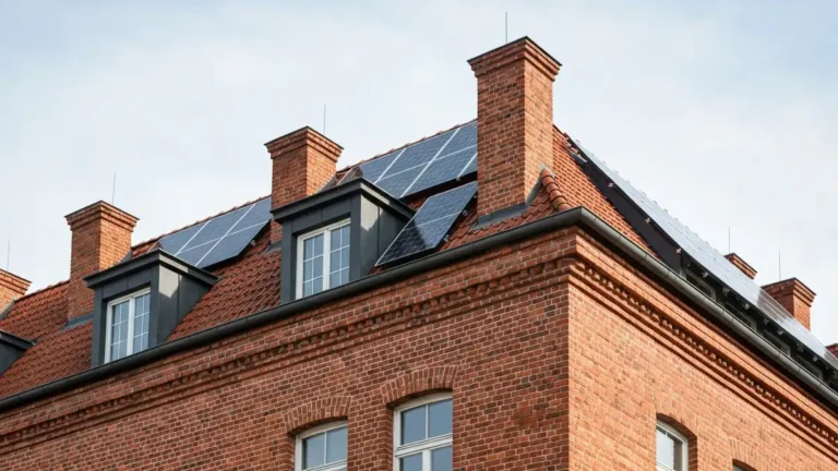 Panele fotowoltaiczne zainstalowane na dachu zabytkowego budynku z czerwoną cegłą i zachowaną architekturą