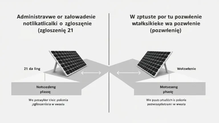 Schemat porównujący procedurę zgłoszenia i pozwolenia na budowę dla instalacji fotowoltaicznej na dachu budynku jednorodzinnego w Polsce 2025