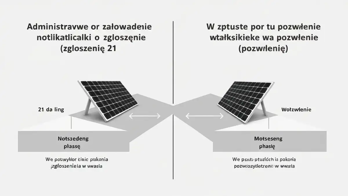 Schemat porównujący procedurę zgłoszenia i pozwolenia na budowę dla instalacji fotowoltaicznej na dachu budynku jednorodzinnego w Polsce 2025