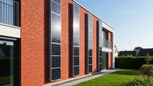 Panele fotowoltaiczne zainstalowane pionowo na elewacji czerwonego budynku jednorodzinnego, system montażu aluminiowy, południowa orientacja