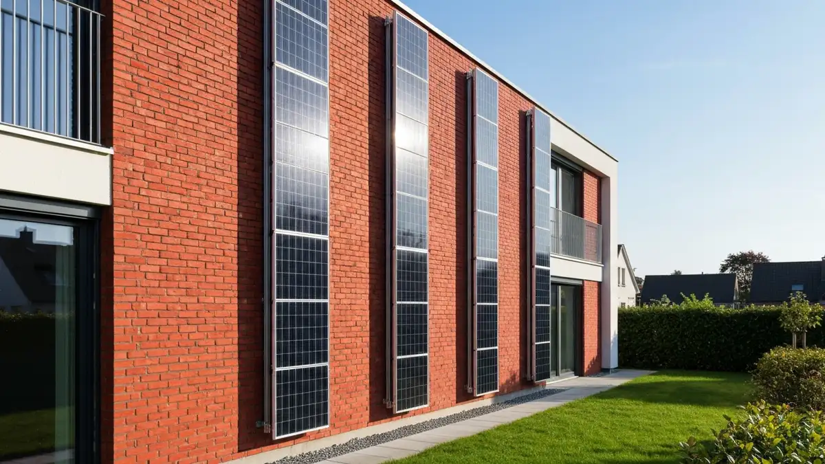 Panele fotowoltaiczne zainstalowane pionowo na elewacji czerwonego budynku jednorodzinnego, system montażu aluminiowy, południowa orientacja