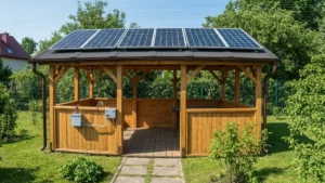 Autonomiczna instalacja fotowoltaiczna off-grid na drewnianej altanie ogrodowej z panelami PV na dachu i akumulatorem w środku