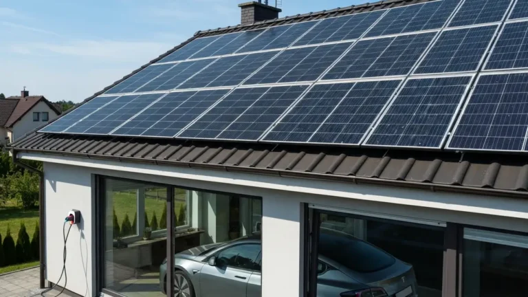 Instalacja paneli fotowoltaicznych na dachu domu jednorodzinnego z zaznaczoną ładowarką samochodu elektrycznego w garażu