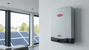 Fronius Primo GEN24 Plus falownik hybrydowy na ścianie z panelami słonecznymi w tle