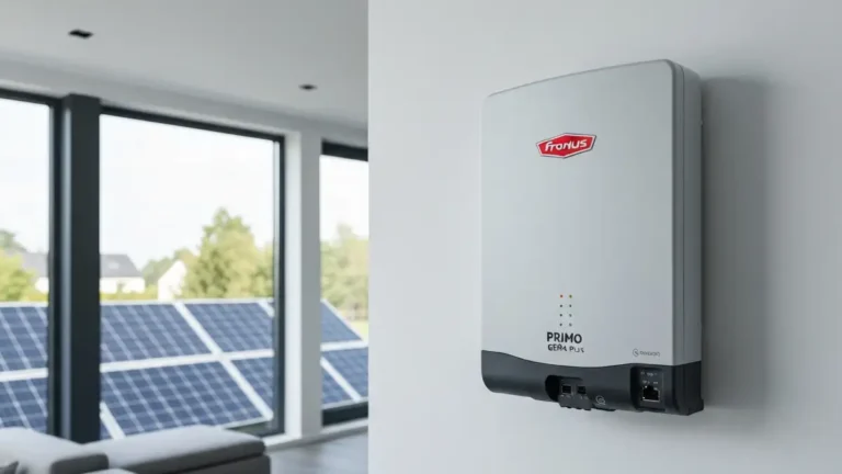 Fronius Primo GEN24 Plus falownik hybrydowy na ścianie z panelami słonecznymi w tle
