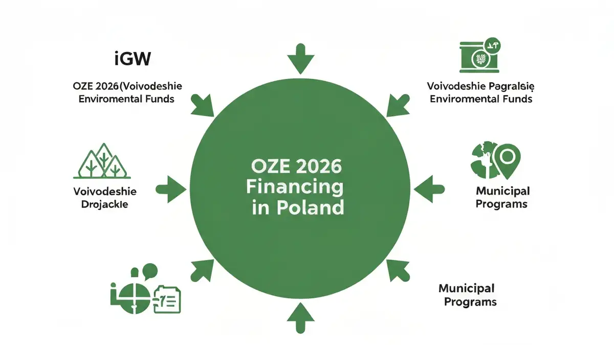 Schemat typów europejskich funduszy na odnawialne źródła energii w Polsce – FEnIKS, KPO, WFOŚiGW