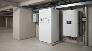 Magazyn energii LFP zainstalowany w piwnicy domu jednorodzinnego obok falownika słonecznego