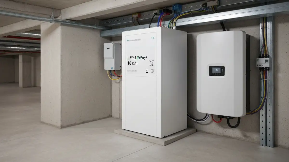 Magazyn energii LFP zainstalowany w piwnicy domu jednorodzinnego obok falownika słonecznego