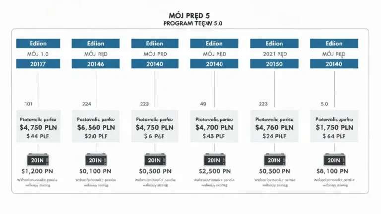 Infografika – historia programu Mój Prąd od edycji 1.0 do 5.0 z kwotami dotacji na osi czasu