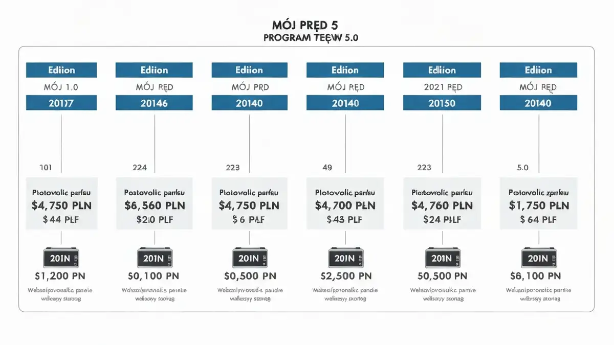 Infografika – historia programu Mój Prąd od edycji 1.0 do 5.0 z kwotami dotacji na osi czasu