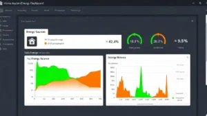 Ekran Home Assistant Energy Dashboard z kartami monitorowania produkcji fotowoltaiki, zużycia z sieci i stanu naładowania magazynu energii