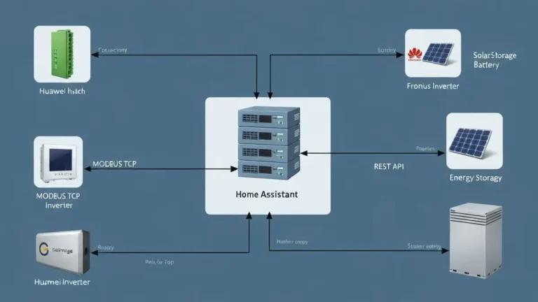 Schemat integracji Home Assistant z falownikami Huawei, Fronius i SolarEdge oraz magazynem energii