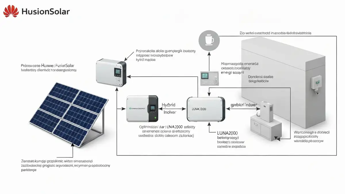 Schemat systemu Huawei FusionSolar: panele PV, inwerter, magazyn LUNA2000, dom, sieć elektryczna