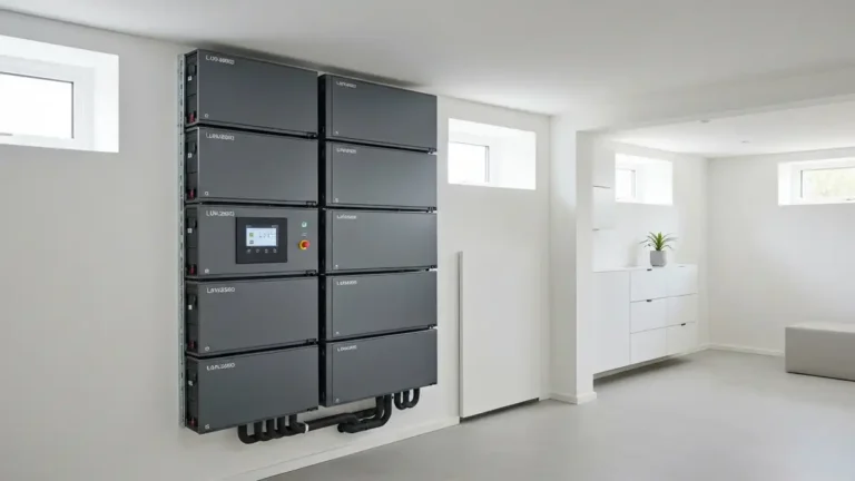 Magazyn energii Huawei LUNA2000 zamontowany w piwnicy domu, widok frontowy modułów akumulatora z panelem sterowania BMS