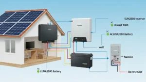 Schemat połączeń systemu hybrydowego Huawei SUN2000 z magazynem LUNA2000 w domu jednorodzinnym