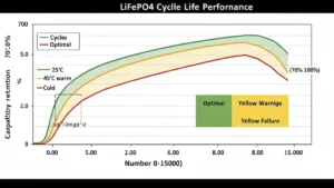 Wykres żywotności akumulatora LiFePO4: liczba cykli vs retencja pojemności w zależności od temperatury i głębokości rozładowania