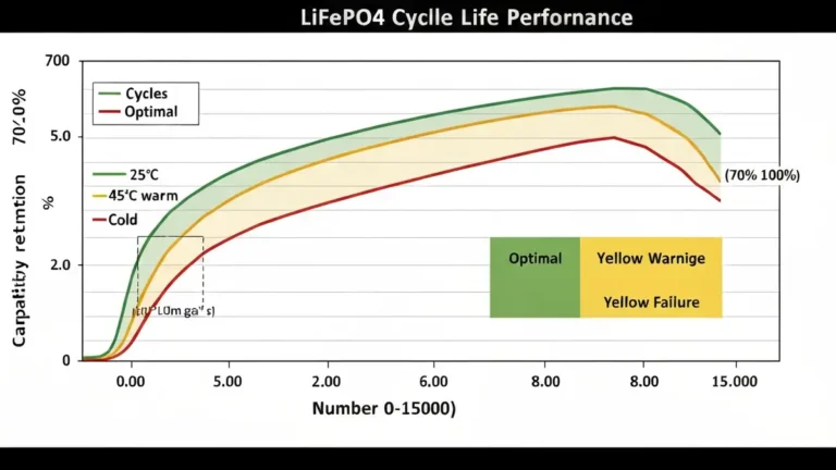 Wykres żywotności akumulatora LiFePO4: liczba cykli vs retencja pojemności w zależności od temperatury i głębokości rozładowania