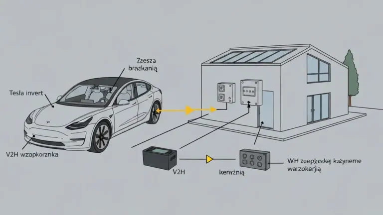 Schemat systemu V2H z samochodem elektrycznym zasilanym domem przez falownik bidirektywny