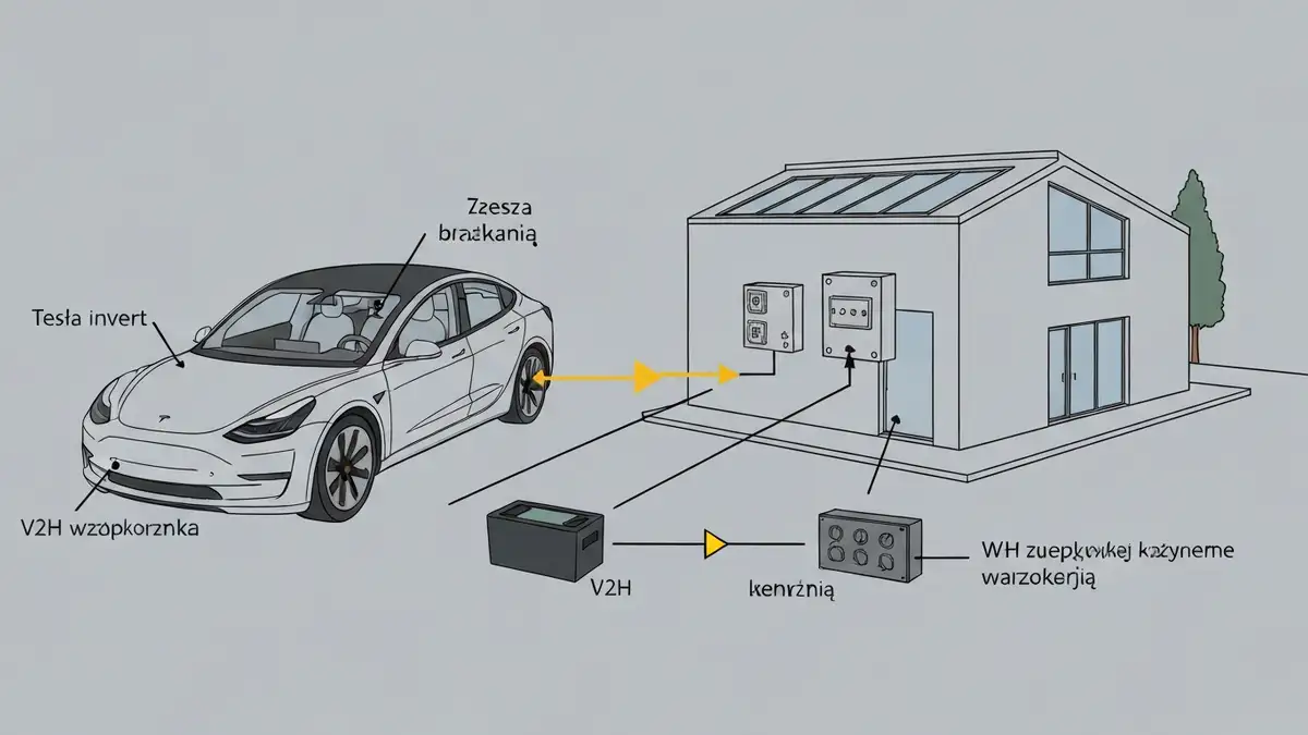Schemat systemu V2H z samochodem elektrycznym zasilanym domem przez falownik bidirektywny