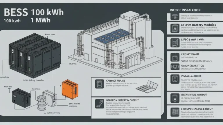Schemat systemu BESS 100 kWh i 1 MWh z podziałem kosztów: sprzęt, instalacja, infrastruktura