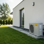 Pompa ciepła powietrze-woda zainstalowana przy budynku jednorodzinnym z widocznym montażem i okablowaniem elektrycznym
