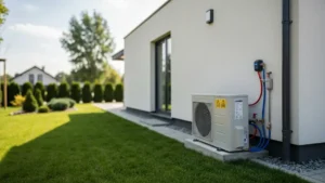 Pompa ciepła powietrze-woda zainstalowana przy budynku jednorodzinnym z widocznym montażem i okablowaniem elektrycznym