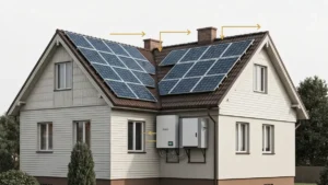 Schemat systemu fotowoltaicznego zintegrowanego z pompa ciepla i magazynem energii w domu jednorodzinnym