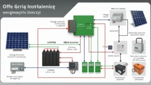 Schemat blokowy instalacji fotowoltaicznej off-grid z panelami, magazynem energii, falownikiem i rozdzielnicą