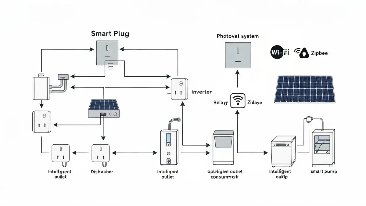 schemat połączenia inteligentnych gniazdek z instalacją fotowoltaiczną i inwerterem – automatyczne włączanie urządzeń przy nadwyżce energii PV