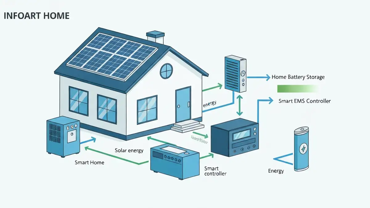 Schemat inteligentnego domu z panelami fotowoltaicznymi, magazynem energii i systemem smart home