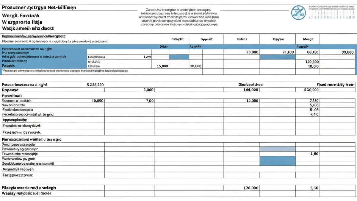 Przykład faktury prosumenta net-billing z zaznaczonymi pozycjami: energia pobrana, energia oddana, depozyt i opłaty dystrybucyjne