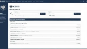 Plik ekranu portalu CEIDG z wyszukiwaniem firmy instalacyjnej po NIP i nazwie