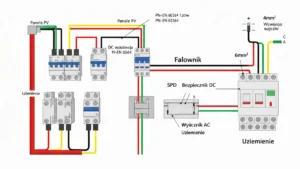 Schemat podłączenia kabli DC i AC w instalacji fotowoltaiki z zabezpieczeniami SPD i bezpiecznikami