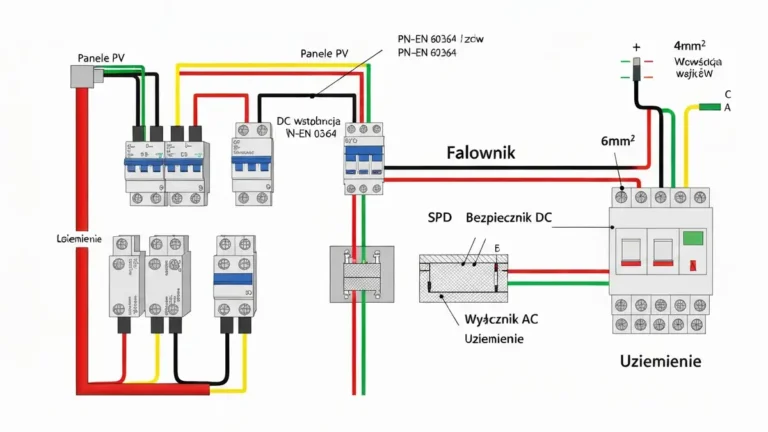 Schemat podłączenia kabli DC i AC w instalacji fotowoltaiki z zabezpieczeniami SPD i bezpiecznikami