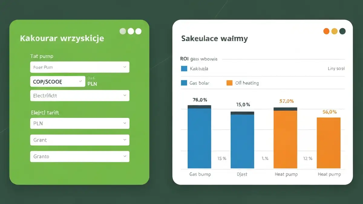 Grafika kalkulatora oszczędności z pompą ciepła – wykres porównania kosztów ogrzewania, dotacji i okresu zwrotu inwestycji