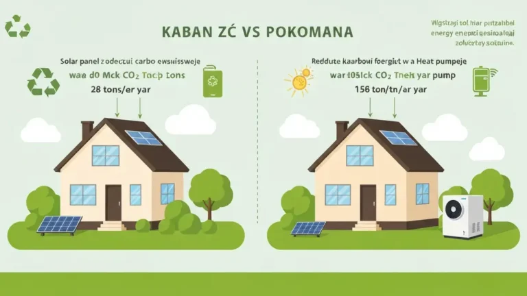 Infografika pokazująca ślad węglowy domu przed i po instalacji paneli fotowoltaicznych i pompy ciepła – porównanie emisji CO₂