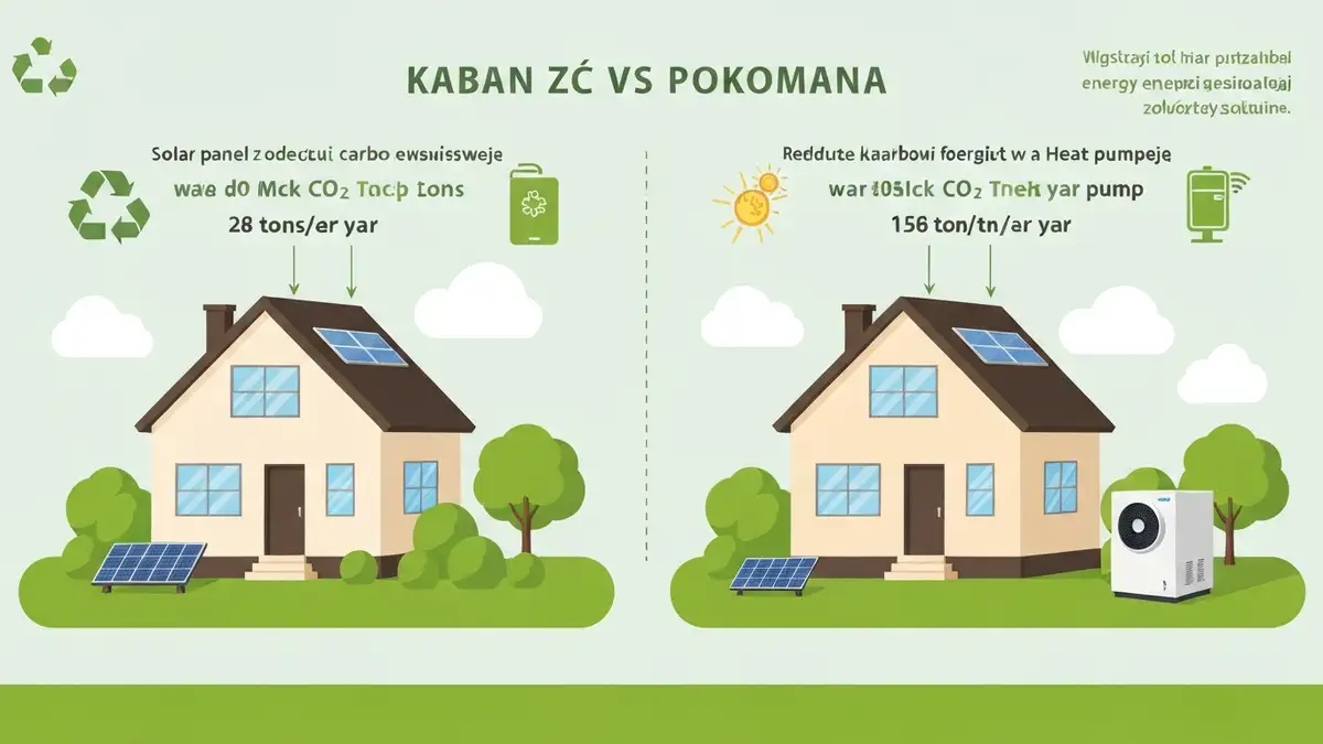 Infografika pokazująca ślad węglowy domu przed i po instalacji paneli fotowoltaicznych i pompy ciepła – porównanie emisji CO₂
