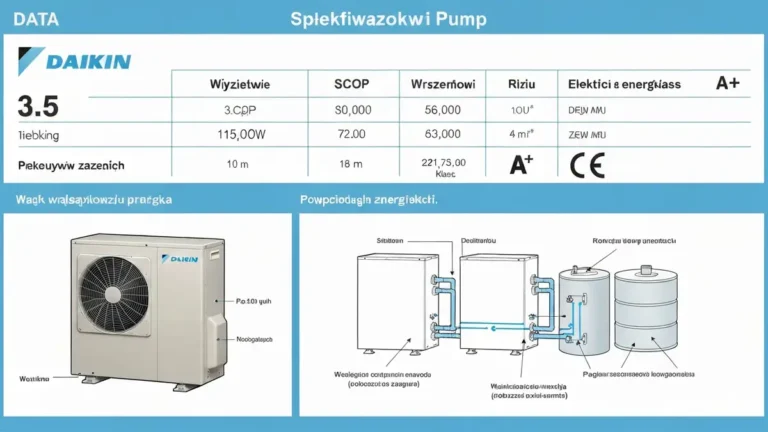 Karta produktu pompy ciepła Daikin z wymaganymi parametrami technicznymi: COP, SCOP, moc grzewcza, certyfikat CE, klasa energetyczna