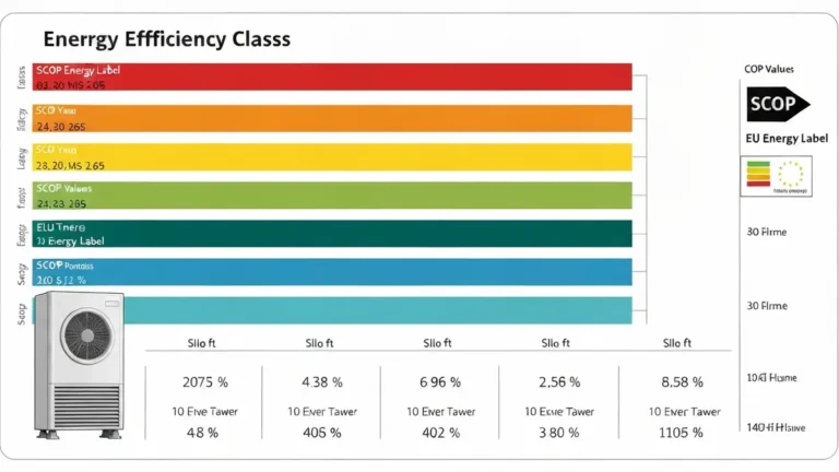 Porównanie klas energetycznych ErP dla pomp ciepła od A+ do A+++ z wizualizacją współczynnika SCOP