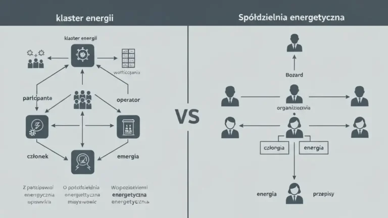 Porównanie struktur: klaster energii (lewa strona) a spółdzielnia energetyczna (prawa strona) – schemat organizacyjny z wyszczególnieniem uczestników, operatora i przepływu energii