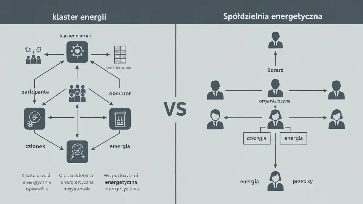 Porównanie struktur: klaster energii (lewa strona) a spółdzielnia energetyczna (prawa strona) – schemat organizacyjny z wyszczególnieniem uczestników, operatora i przepływu energii