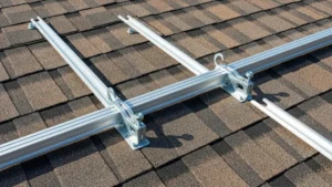 Konstrukcja montażowa paneli fotowoltaicznych na dachu skośnym z widoczną montażem haków i szyn aluminiowych