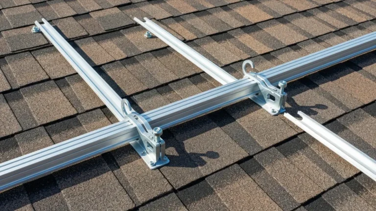 Konstrukcja montażowa paneli fotowoltaicznych na dachu skośnym z widoczną montażem haków i szyn aluminiowych