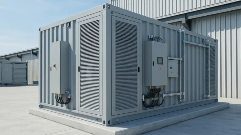 Kontenerowy magazyn energii BESS 100 kWh z widocznym systemem chłodzenia, panelem kontrolnym i połączeniami elektrycznymi, ustawiony na beton