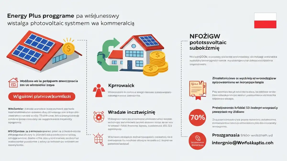 Przedstawienie graficzne programu Energia Plus i dotacji NFOŚiGW dla fotowoltaiki biznesowej – ikony paneli słonecznych, budynku biznesu, symbolu pieniędzy i certyfikatu zatwierdzenia