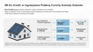 Schemat łączenia kredytu EKO z dotacją Mój Prąd – ilustracja przepływu pieniędzy od banku i z budżetu do instalacji fotowoltaiki na dachu domu