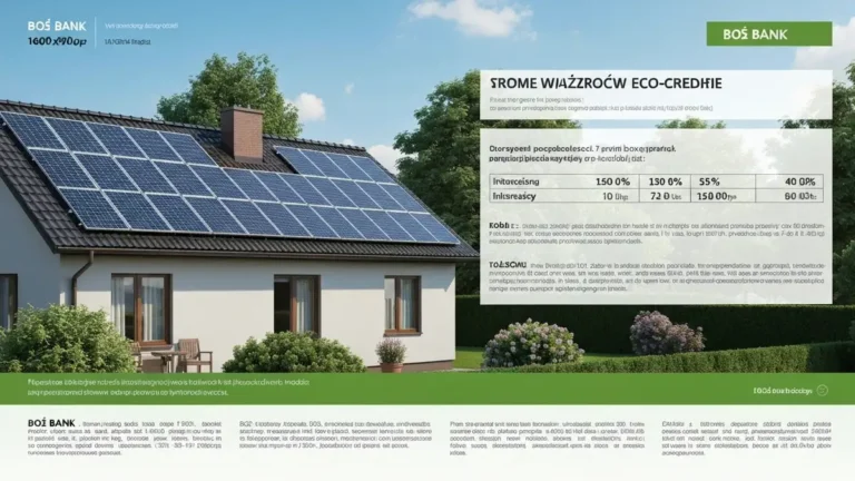 Dokument kredytu ekologicznego BOŚ Bank z parametrami oprocentowania i kwotami na tle paneli fotowoltaicznych na dachu
